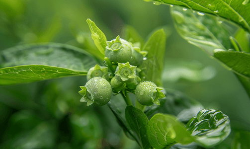 生长在灌木上的绿色蓝莓未熟越橘浆果特写