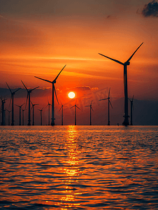 海上太阳摄影照片_夕阳下的海上风电场