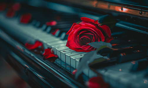 创意音乐海报摄影照片_大钢琴键顶部的红玫瑰关闭
