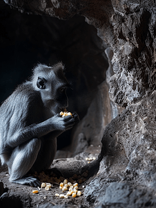 招生简介摄影照片_深色背景下成年灰猴侧脸坐在洞穴中吃玉米