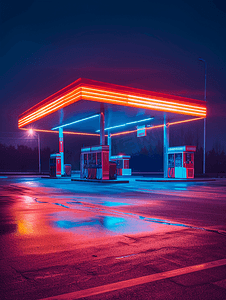 夜间的汽油加油站