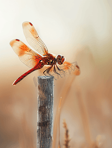 太阳卡通卡通摄影照片_木桩上的红蜻蜓