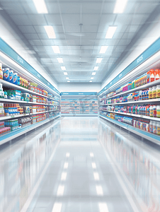 食品超市摄影照片_空荡荡的超市过道货架上的产品背景模糊