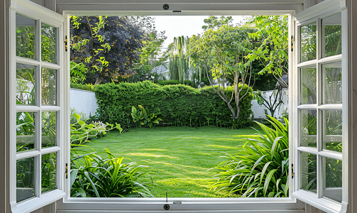 简约淘宝首页模版摄影照片_从打开的窗户可以看到绿色后院的景色