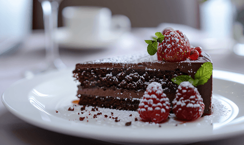 盘扣设计摄影照片_白盘上巧克力蛋糕的特写镜头
