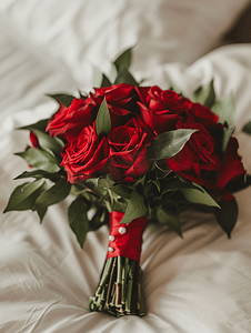 躺在床上的红玫瑰婚礼花束