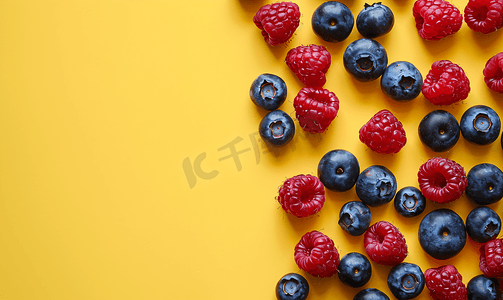 黄色背景中的夏季蓝莓和覆盆子