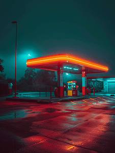 夜间的汽油加油站