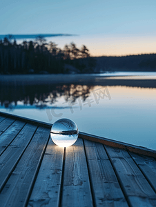 卡地亚婚礼摄影照片_蓝色时刻瑞典湖畔木质步道上的玻璃球自然斯堪的纳维亚