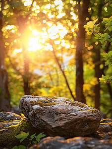 青苔石头摄影照片_照片中夕阳下的石头穿过树林