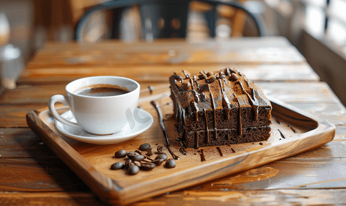 白色巧克力蛋糕摄影照片_在木托盘上滴上咖啡配上巧克力蛋糕在自然光下的咖啡馆里享受咖啡时光