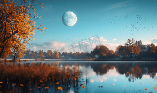 月亮和摄影照片_浅景深的秋天风景与月亮和小湖