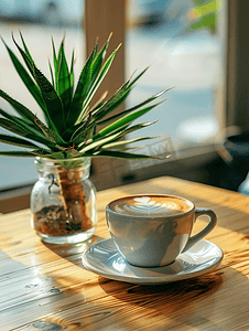 咖啡厅木桌上的一杯热卡布奇诺和带绿色植物的玻璃花瓶