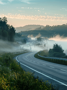 夏季河流附近高速公路的早晨雾气浓重设有护栏