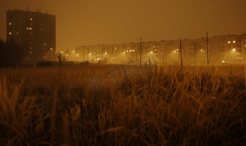 雾夜萧条郊区贫民窟前干燥黑暗的草地