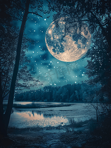 万圣节满月背景摄影照片_夜风景在有满月和星星的森林里