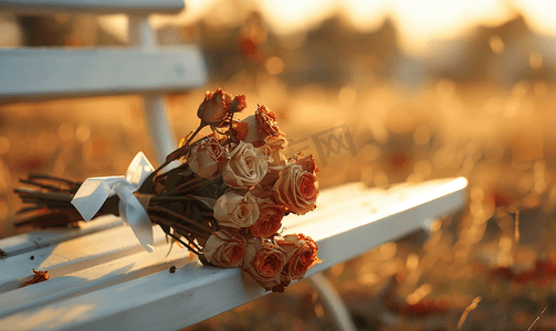 日落时分一束用白丝带绑着的干玫瑰花放在长凳上