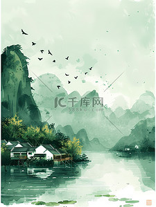 中国风式红章背景图片_青山碧水中国水墨画背景图