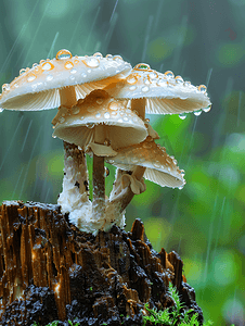 七天连续签到摄影照片_连续降雨后树桩上长出的野生蘑菇