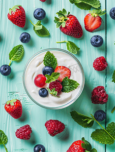 餐桌上的水果摄影照片_木桌绿色背景上配有新鲜浆果的天然酸奶