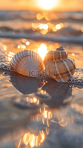 带贝壳的珍珠背景图片_夏日海岸海滩波浪海螺贝壳海景背景7
