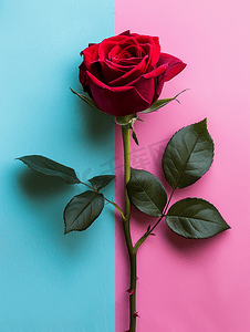 红色复古背景摄影照片_深红色玫瑰花在淡蓝色粉红色和淡紫色背景顶视图上