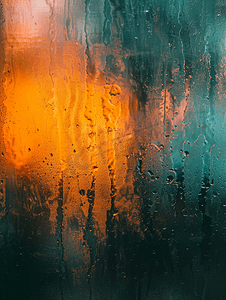 蓝绿色绸缎摄影照片_夜晚湿润的窗玻璃的抽象的背景带有蓝绿色橙色调的污迹
