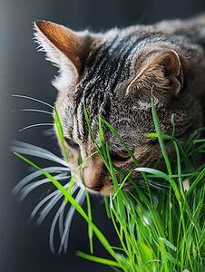 猫吃新鲜草特写镜头
