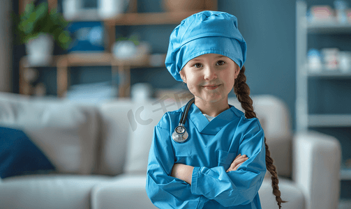 在家里扮演医生或护士的可爱孩子