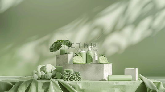 绿色简约设计背景图片_绿色简约艺术风格展示台洗护用品的背景