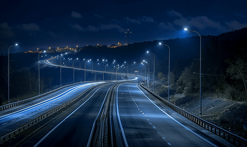 蓝色夜景城市摄影照片_美丽的夜景与空旷的高速公路