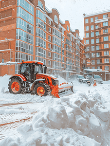 冬日拖拉机从住宅楼附近的停车场除雪