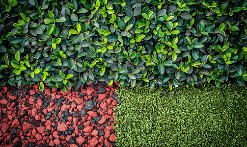 阴阳分隔摄影照片_用红色花岗岩片与干草坪隔开的方形绿色树篱切割围栏