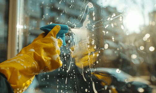 清洁工用清洁剂清洗窗户玻璃