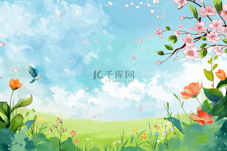 淡绿色蓝色背景图片_花草风景夏季背景手绘