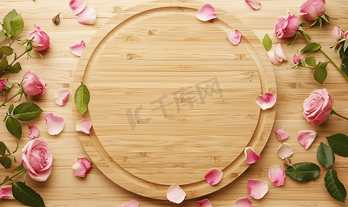 花卉圆形摄影照片_木板上玫瑰花蕾的圆形框架