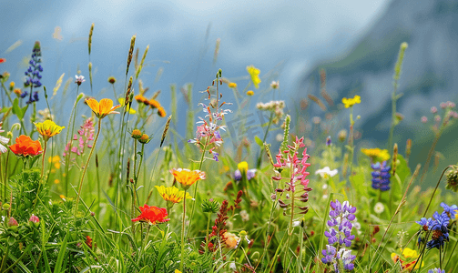 奥地利高山草甸色彩缤纷的野花