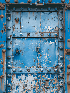 金属蜂窝背景摄影照片_带铆钉和剥落蓝色油漆的旧锻造铁门