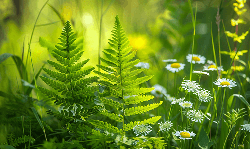 草和西洋蓍草花中亮绿色的蕨叶