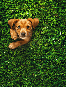 可爱的小狗躺在修剪过的绿草地上