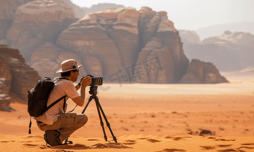 游客在瓦迪拉姆沙漠拍摄梭梭树