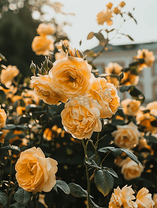 金黄色背景摄影照片_奥地利维也纳美泉宫附近的金黄色玫瑰