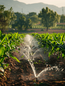 有机花园中带水灌溉系统的玉米田