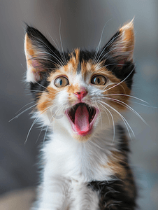 小家电组合摄影照片_张开嘴的小三色小猫的肖像猫咂嘴吐舌头
