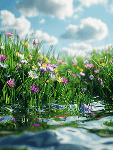 自然花草背景背景图片_户外蓝天白云自然花草河流的背景