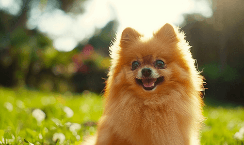 花园里的博美犬斯皮茨棕色狗