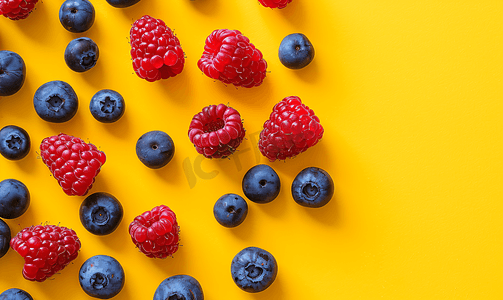 黄色背景中的夏季蓝莓和覆盆子