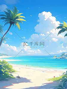 大海沙滩背景图片_海边沙滩椰子树蓝天白云背景