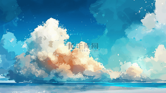 海面蓝色背景背景图片_彩绘海岸线海水云彩的背景