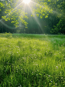 阳光照耀在宁静的草地上